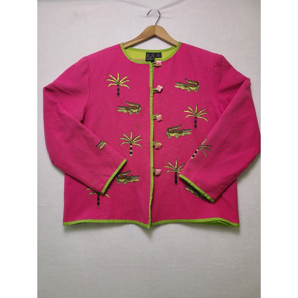 VTG Daniel K XL Jacket Tropical Kitsch Pink Green Gator Palm Tree Cotton Canvas